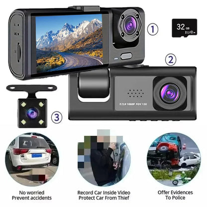 1080P Triple Dash Cam w/ Night Vision, Loop Recording & 2'' Screen
