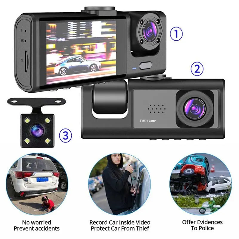 1080P 3-Cam Dash Cam with Night Vision & DVR
