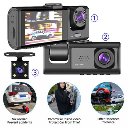 1080P 3-Cam Dash Cam with Night Vision & DVR