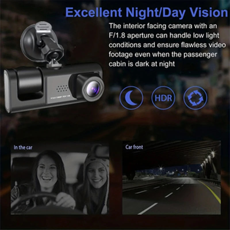1080P Triple Dash Cam w/ Night Vision, Loop Recording & 2'' Screen