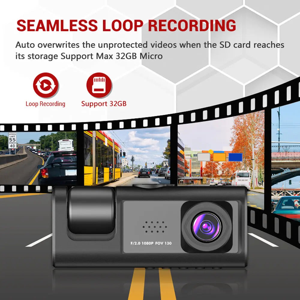 1080P Triple Dash Cam w/ Night Vision, Loop Recording & 2'' Screen