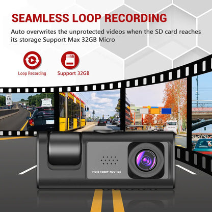 1080P Triple Dash Cam w/ Night Vision, Loop Recording & 2'' Screen